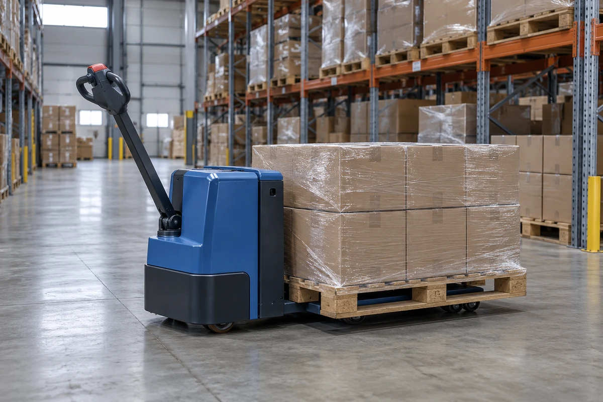 Pedestrian electric pallet truck carrying a wrapped pallet on a level warehouse floor