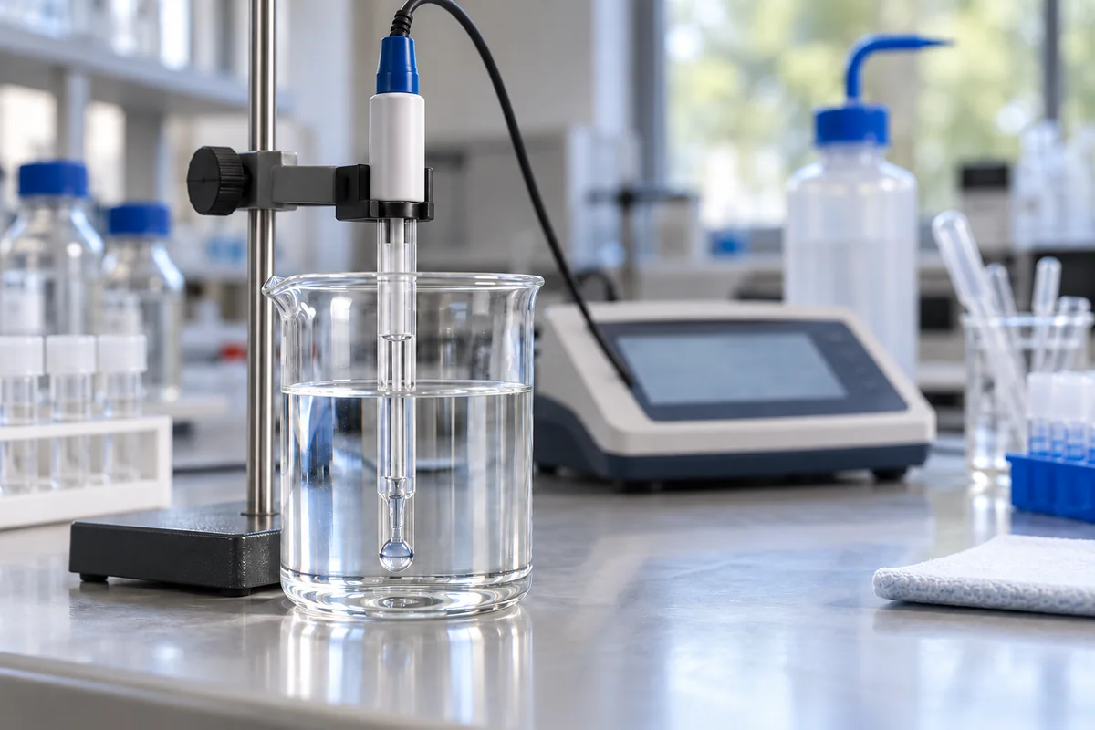 Glass pH electrode held in a clamp on a lab stand, dipped into a beaker of clear liquid, with a benchtop meter and wash bottle behind