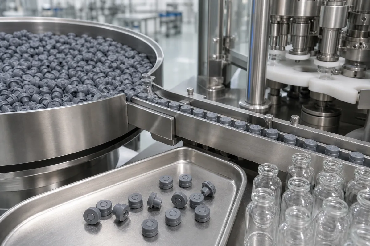 Gummistopfen für pharmazeutische Fläschchen in einer industriellen Fertigungsumgebung