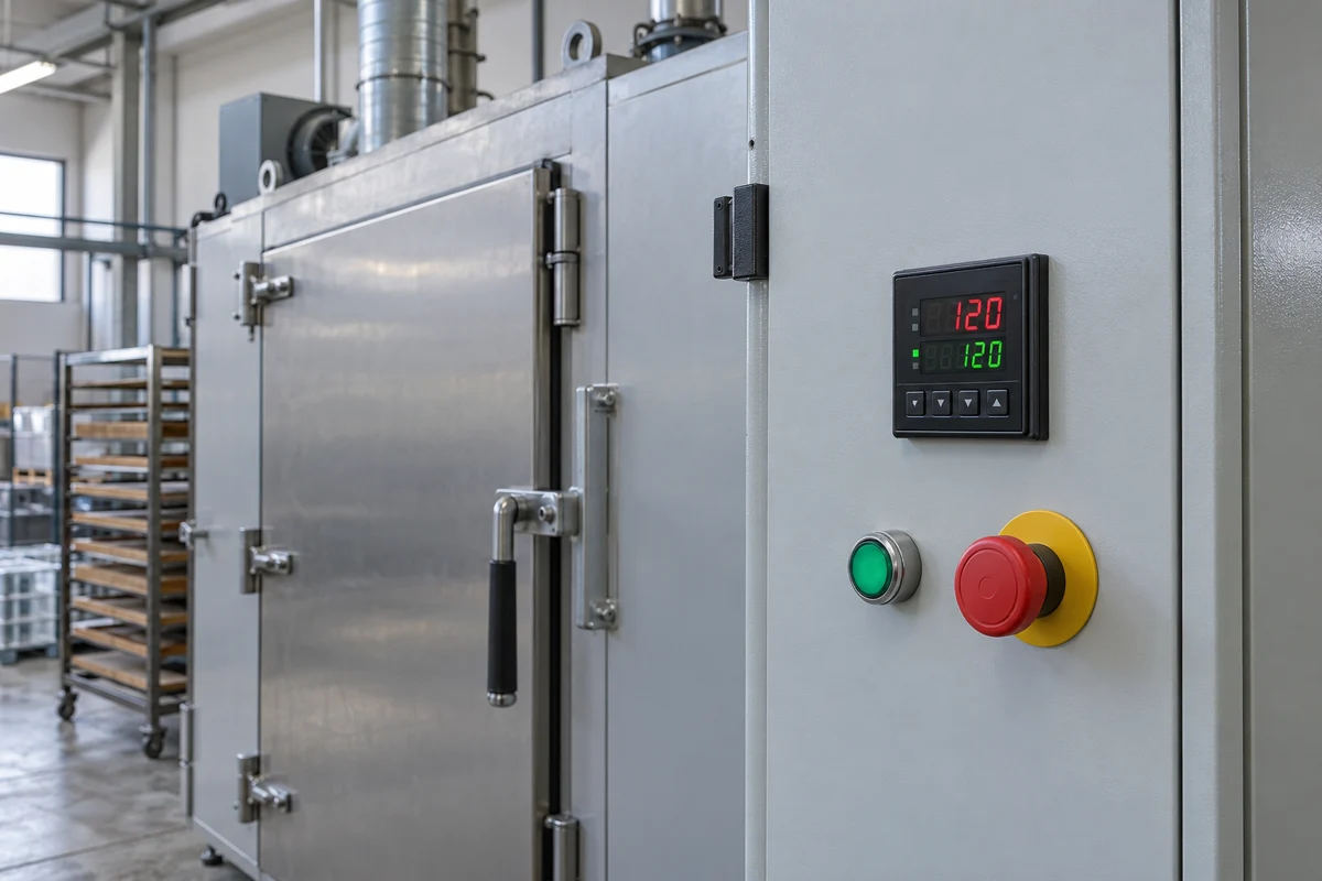 Panel temperature controller installed beside an industrial drying oven