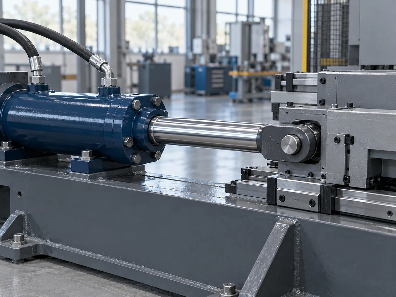 Hydraulic cylinder piston rod connected to a guided machine carriage