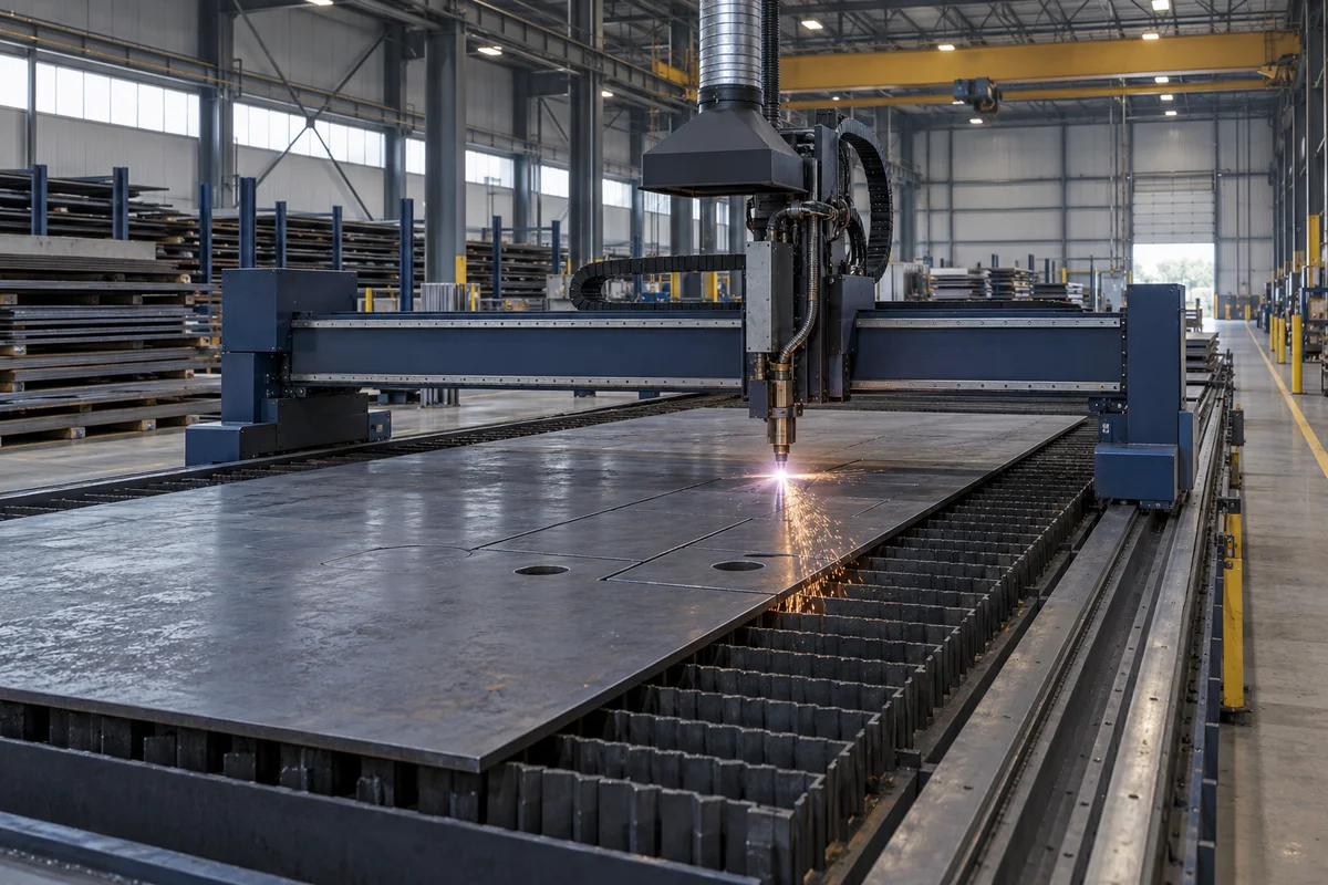 Rail-mounted plasma gantry cutting a steel plate in a fabrication workshop