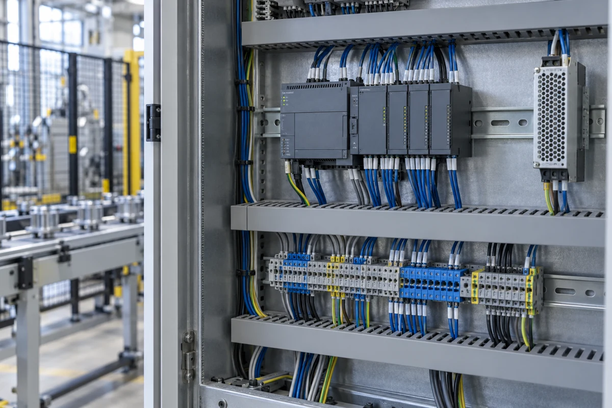 PLC and I/O modules mounted inside a factory automation control cabinet