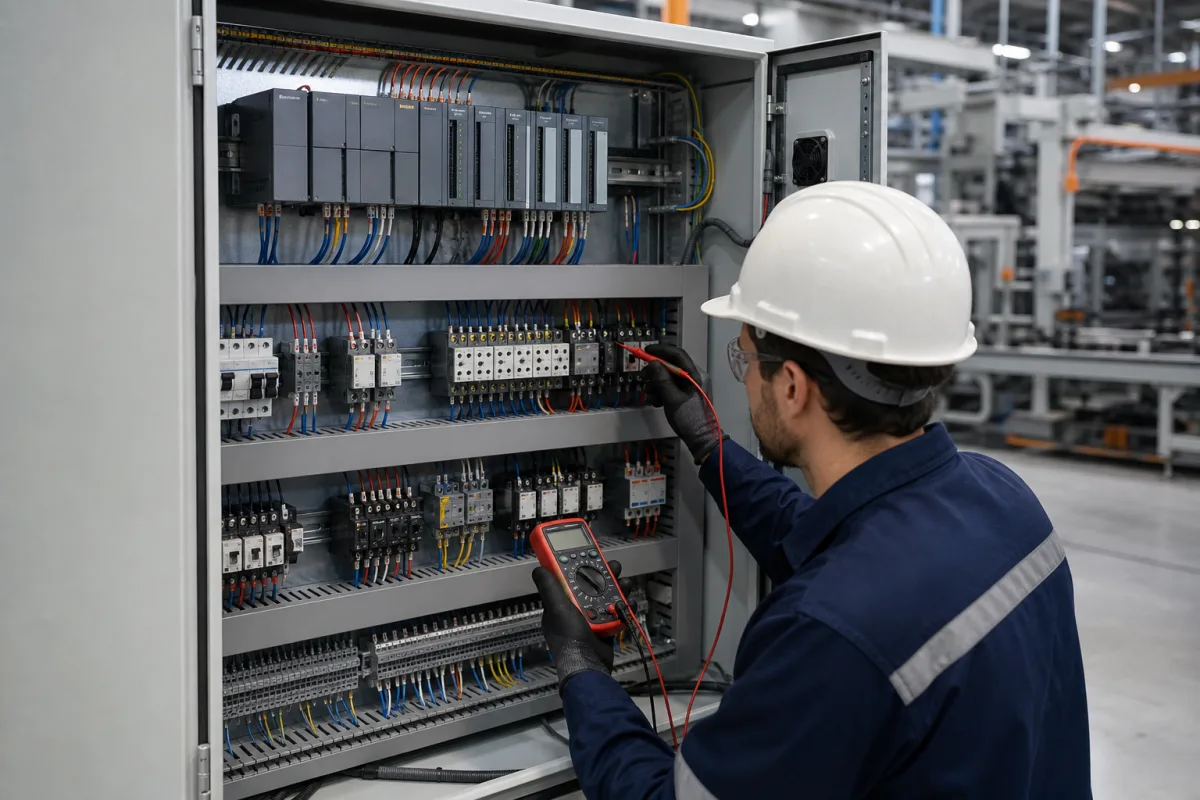 PLC-Steuerpaneel in einer industriellen Fertigungsumgebung
