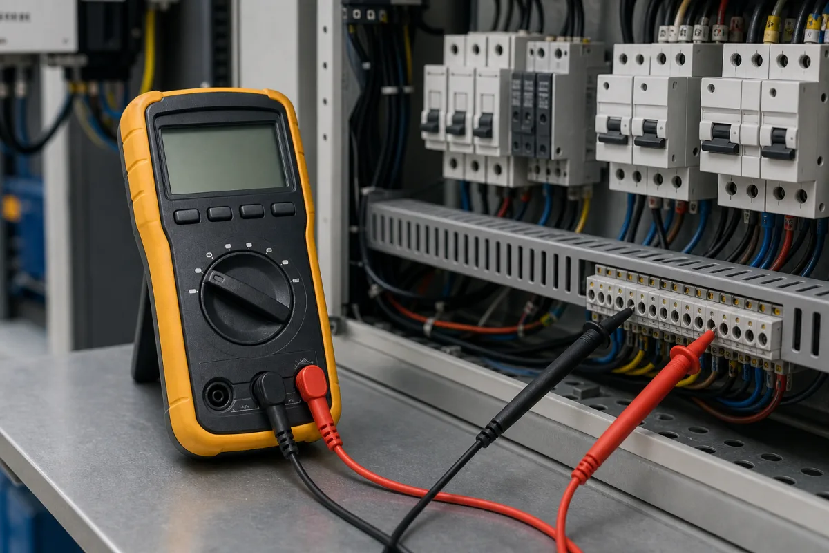 Tragbares Digitalmultimeter in einer industriellen Fertigungsumgebung