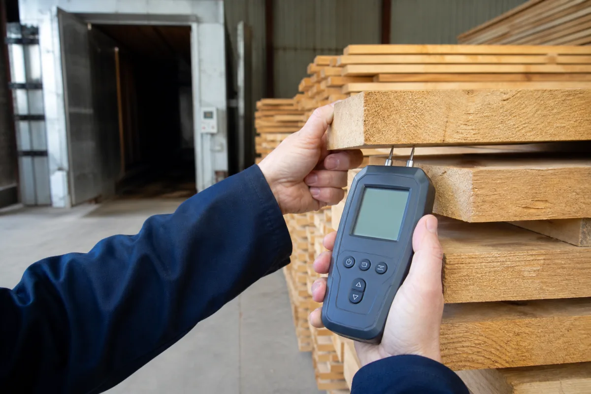 Tragbarer digitaler Holzfeuchtemessgerät mit Bluetooth-Konnektivität in einer industriellen Fertigungsumgebung