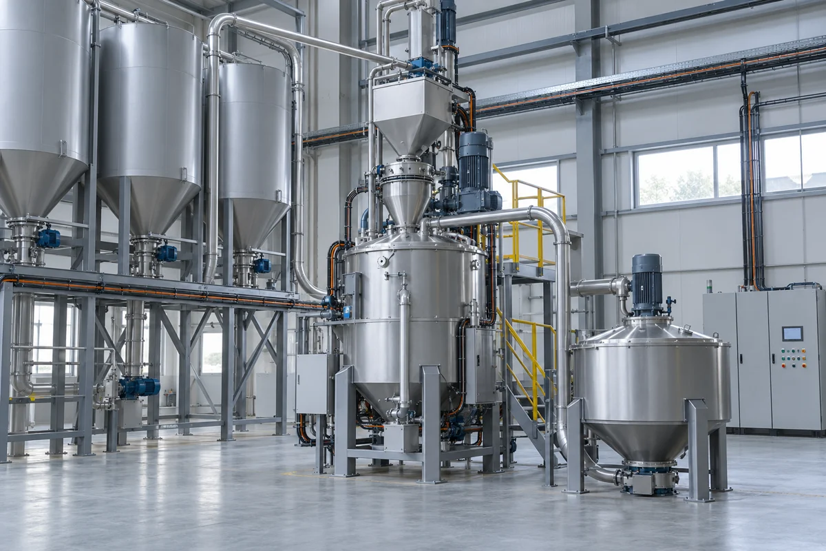 Enclosed powder storage, weighing and mixing equipment in a PVC preparation workshop