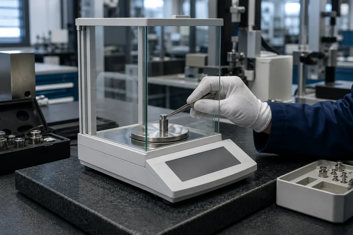 Präzisionswaage in einer industriellen Fertigungsumgebung