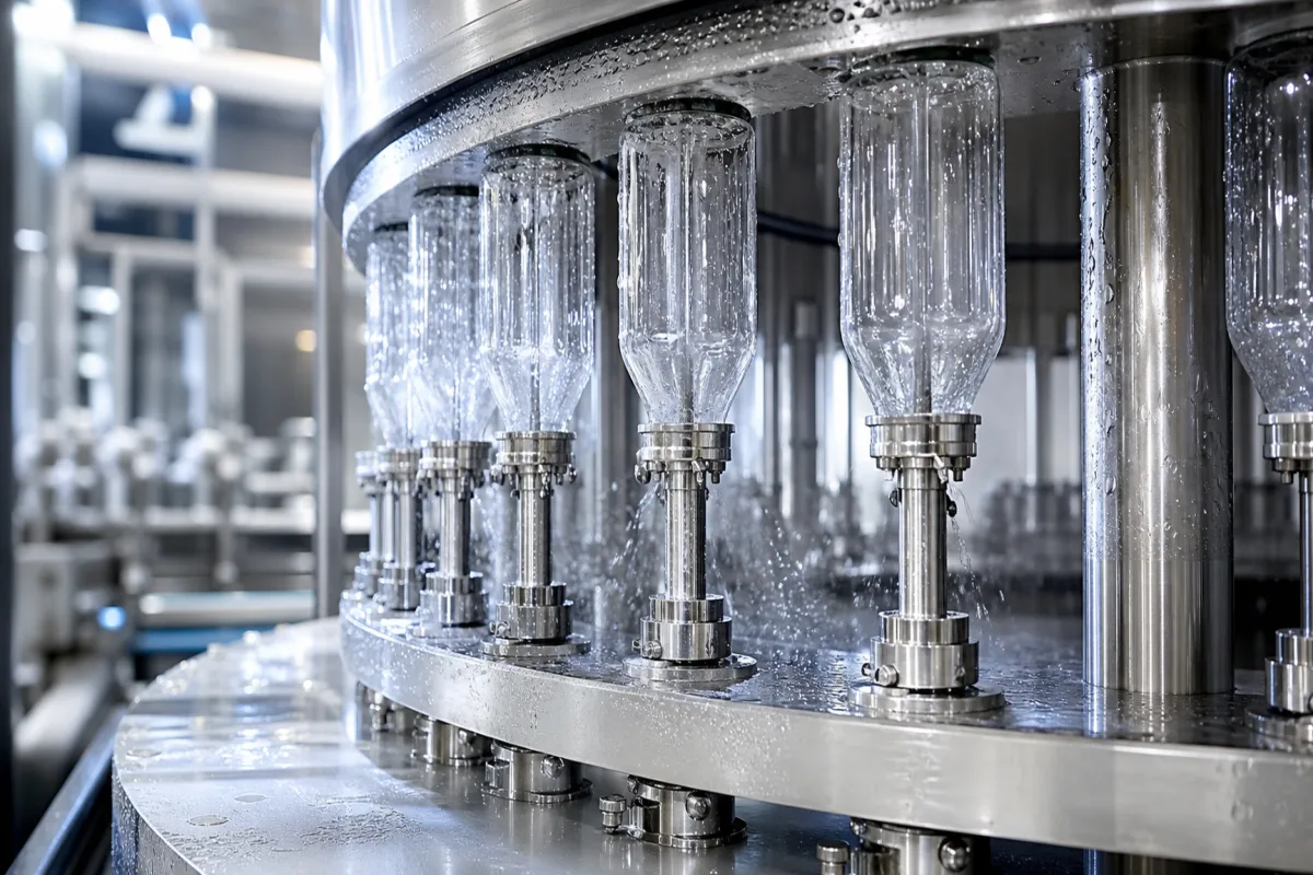 Präzisionsdüse zum Spülen von Getränkeflaschen in einer industriellen Fertigungsumgebung