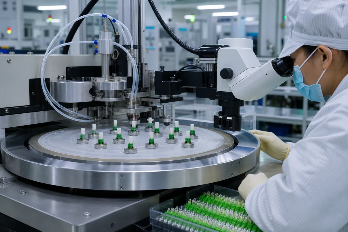 Präzisions-Faseroptik-Poliermaschine in einer industriellen Fertigungsumgebung
