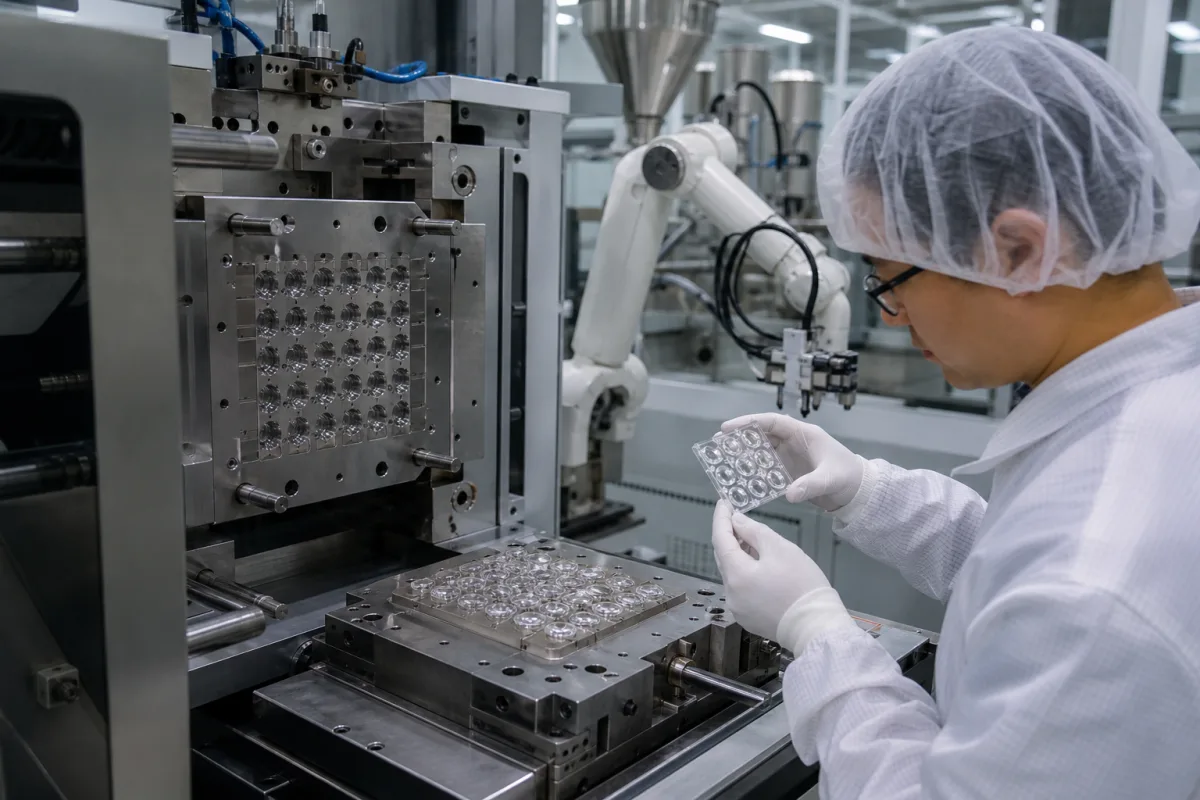 Präzisions-LED-Linsen-Spritzgießmaschine in einer industriellen Fertigungsumgebung