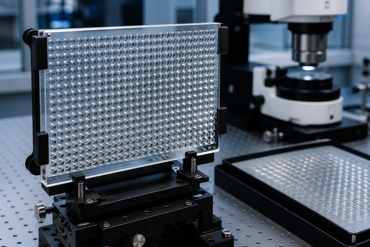 Präzisions-Optiklinsenarray in einer industriellen Fertigungsumgebung