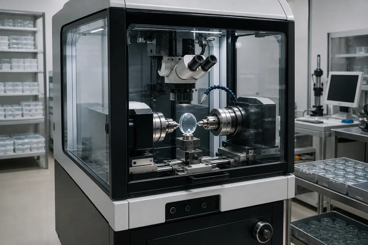 Präzisions-Zentriermaschine für optische Linsen in einer industriellen Fertigungsumgebung