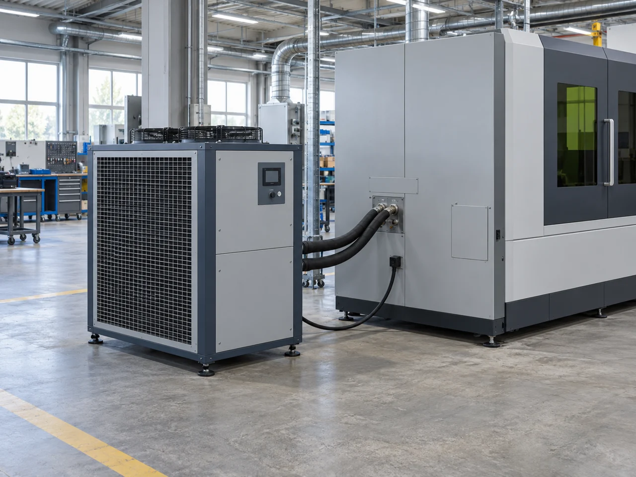 Air-cooled process chiller connected to enclosed laser equipment