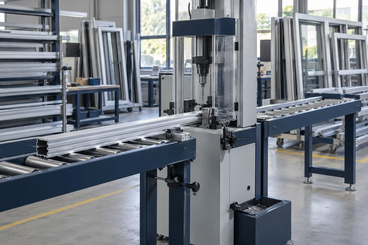 Long aluminium extrusions supported at a profile drilling station