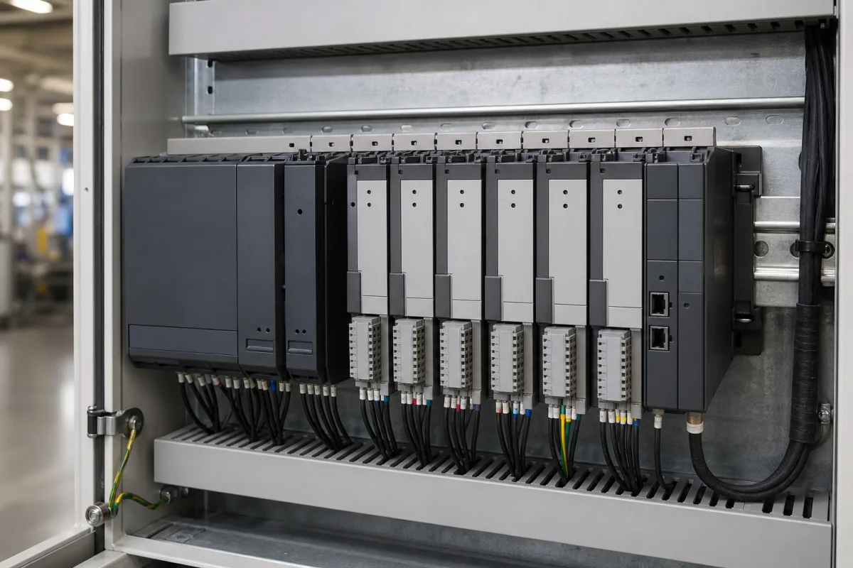 Speicherprogrammierbare Steuerung (SPS) Rack in einer industriellen Fertigungsumgebung