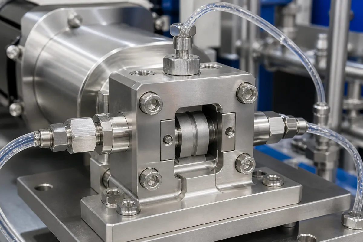 Pumpenkopf / Fluidblock in einer industriellen Fertigungsumgebung