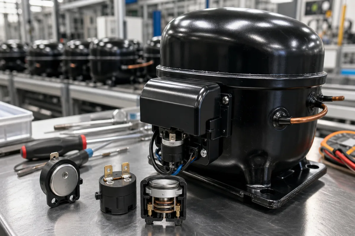 Thermo-Überlastschutz für Kühlschrankkompressor in einer industriellen Fertigungsumgebung