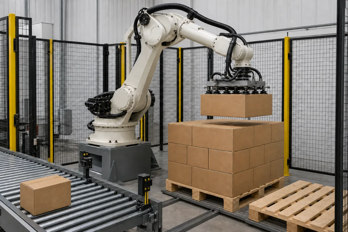 Roboter-Palettierarm in einer industriellen Fertigungsumgebung