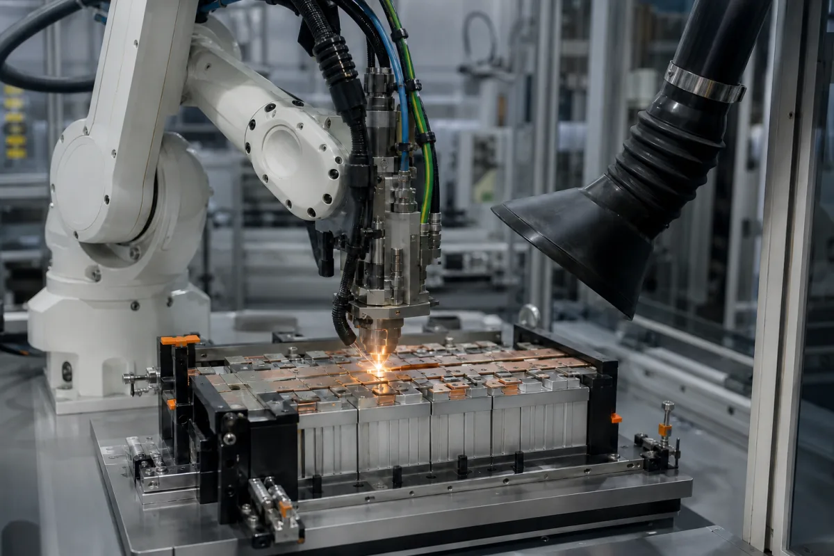 Roboter-Schweißeinheit in einer industriellen Fertigungsumgebung