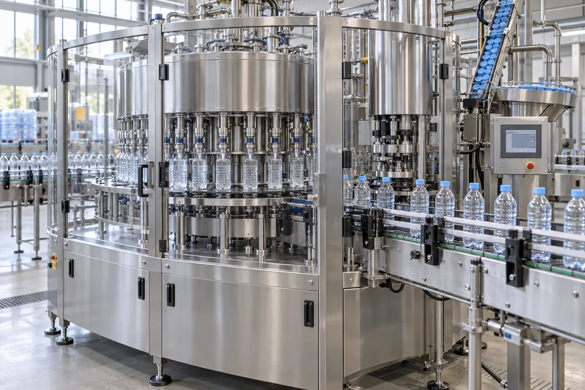 Rotary water-bottle filling and capping installation with bottle conveyors in a beverage workshop