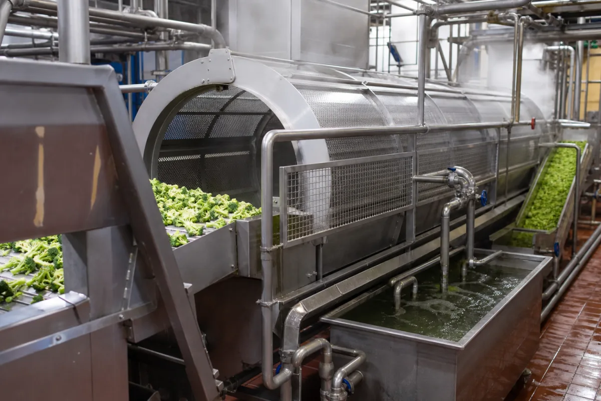 Rotierendes Obst- und Gemüse-Blanchiertrommel in einer industriellen Fertigungsumgebung