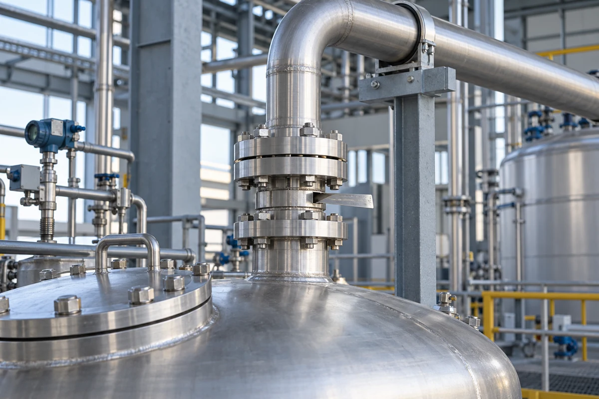 Pressure relief pipework on a stainless-steel process vessel