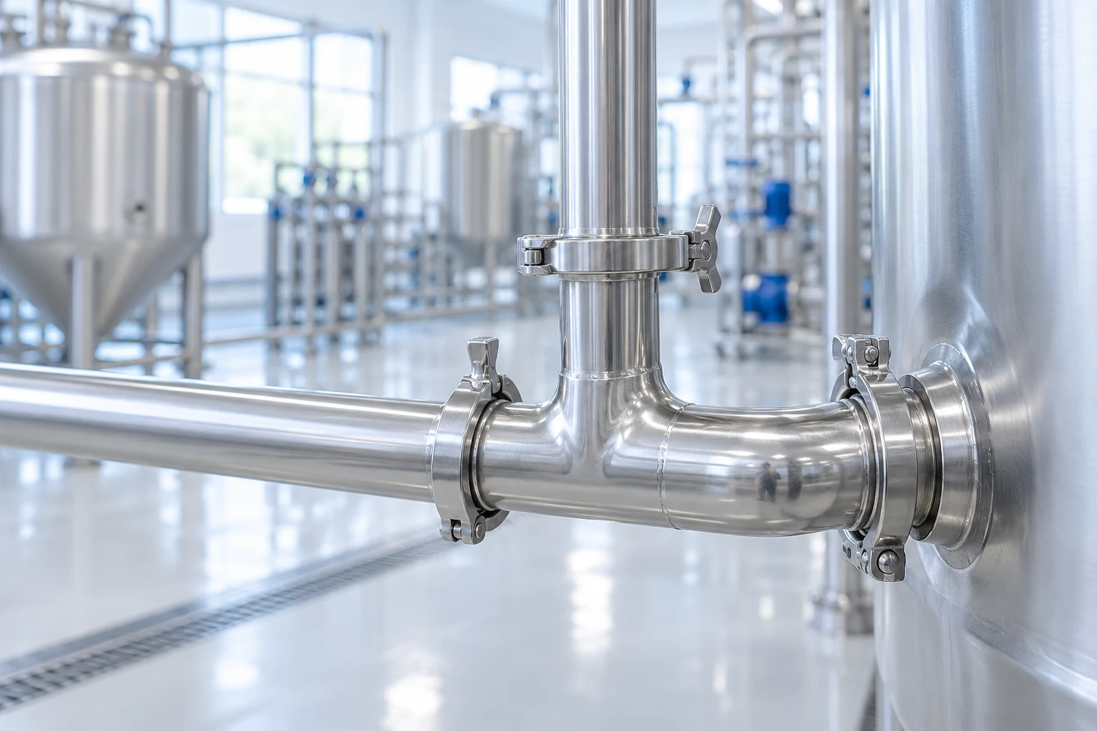 Stainless hygienic pipe tee and clamp joints beside a dairy processing tank