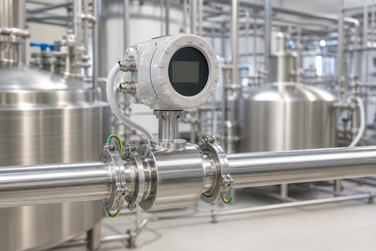 Sanitärer Durchflussmesser in einer industriellen Fertigungsumgebung