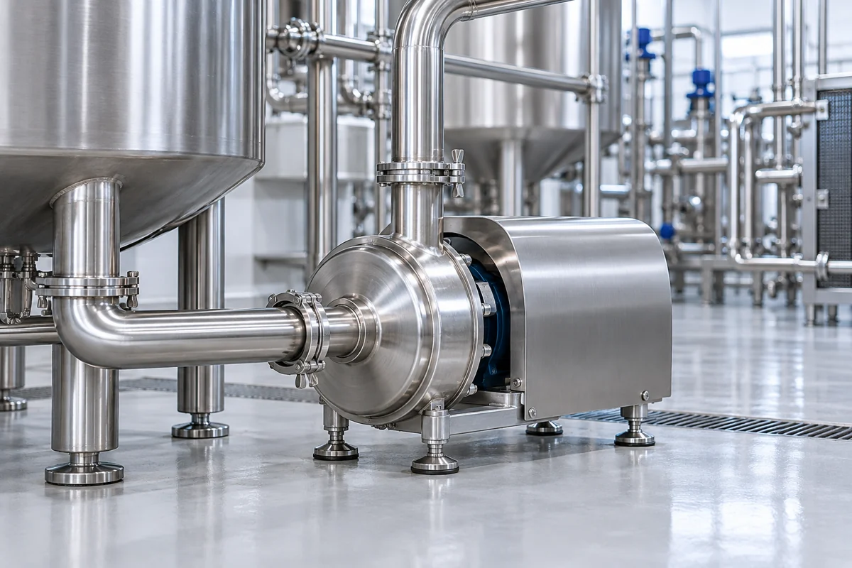 Sanitary centrifugal pump connected to stainless process piping beside a dairy tank