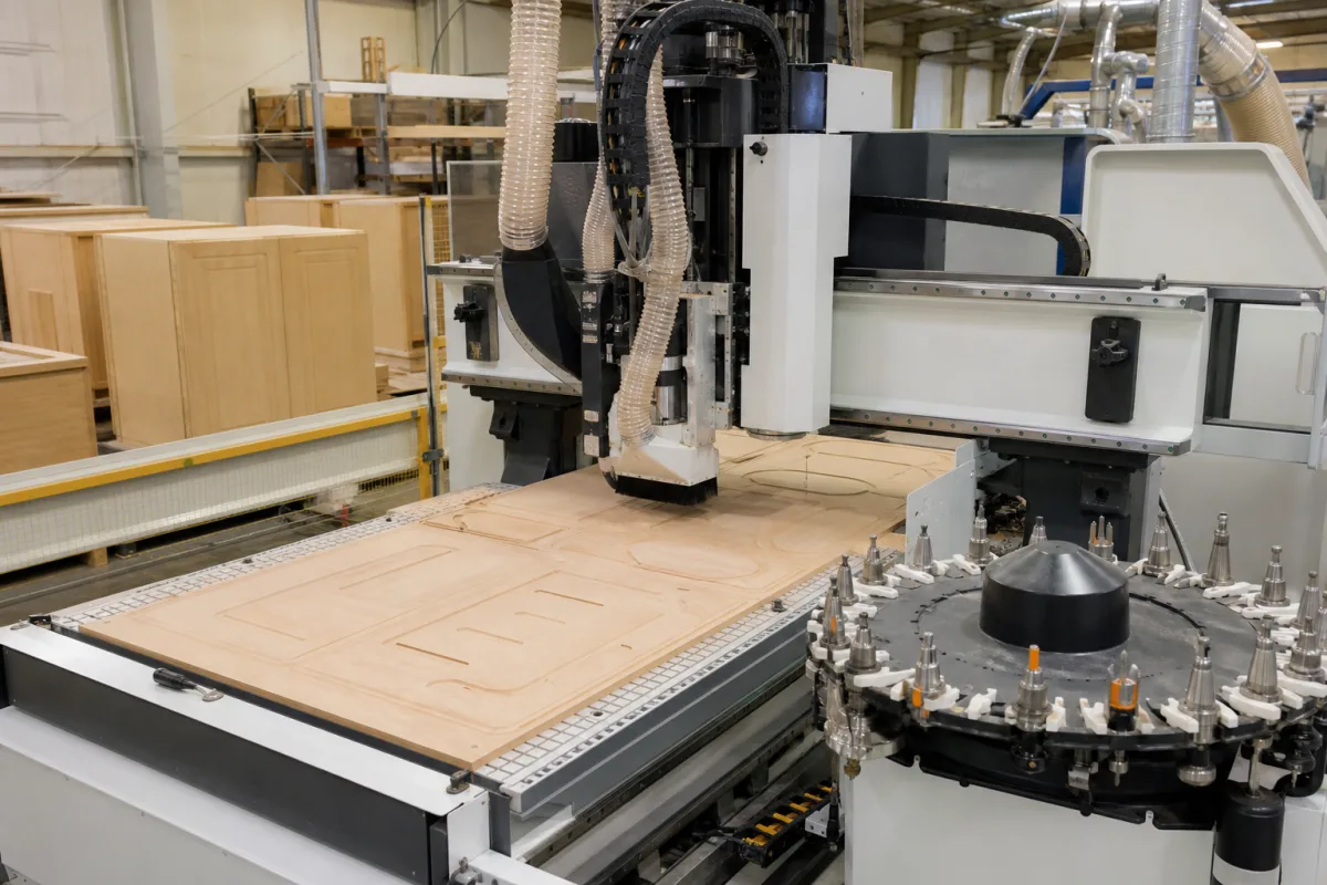 Intelligente CNC-Holzfräsmaschine mit automatischem Werkzeugwechsler in einer industriellen Fertigungsumgebung