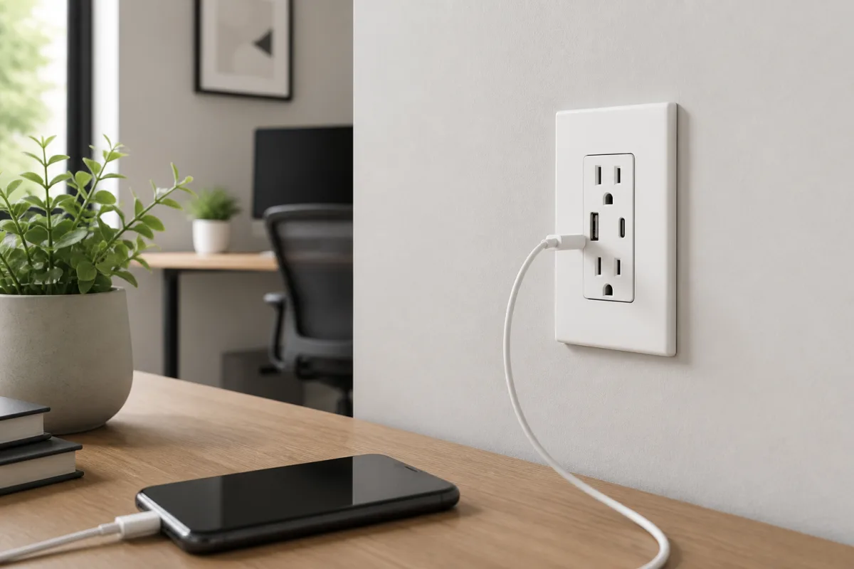 Smart-Home-Steckdose mit USB-Ladefunktion in einer industriellen Fertigungsumgebung