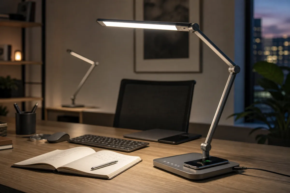 Smarte LED-Schreibtischlampe in einer industriellen Fertigungsumgebung