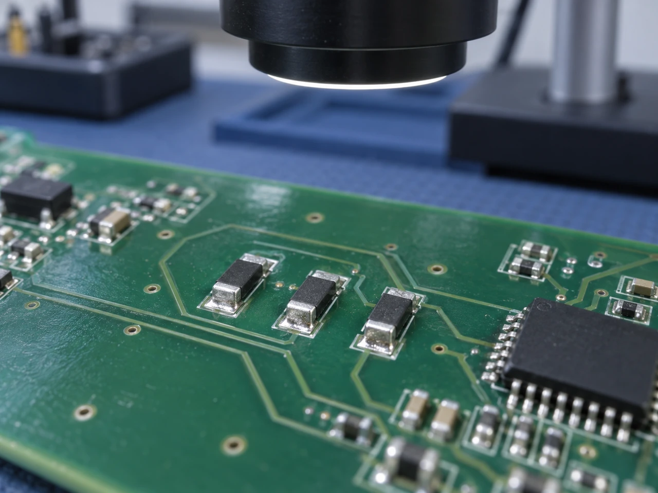 Surface-mount chip resistors on a circuit board beneath an inspection microscope