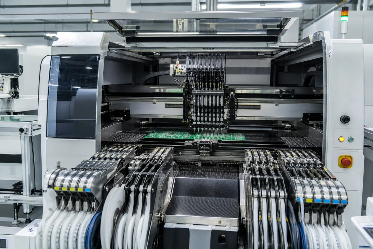 SMT-Bestückungsautomat (Pick-and-Place-Maschine) in einer industriellen Fertigungsumgebung