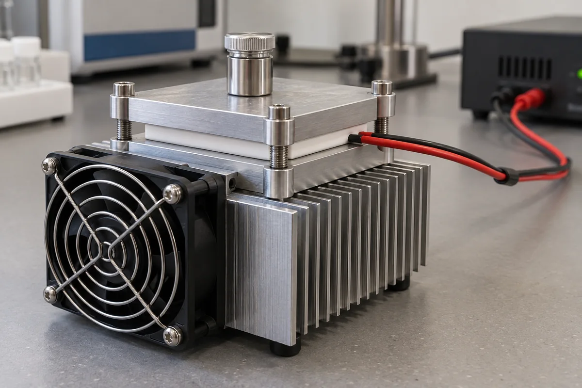 Thermoelectric cold plate cooler on a lab bench: an aluminium cold plate with a cylindrical sample holder clamped by four screws over a white ceramic module layer, a finned heat sink and guarded fan below, and red and black leads to a power supply