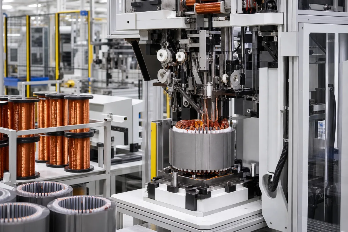 Wickelmaschine für Drehstrom-Asynchronmotoren in einer industriellen Fertigungsumgebung