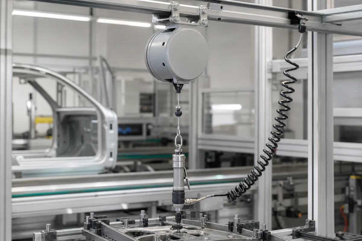 Werkzeugbalancer / Aufroller in einer industriellen Fertigungsumgebung