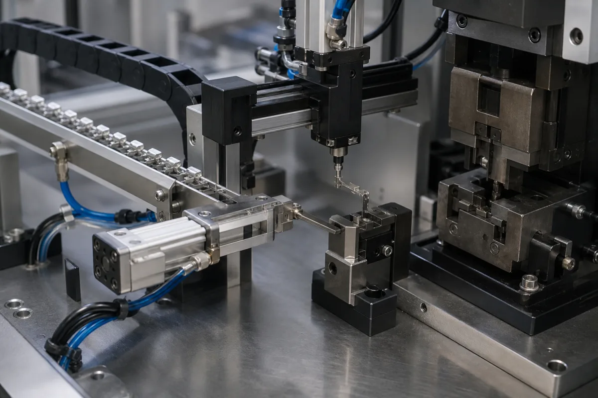 Transfermechanismus (Schieber/Pick-and-Place) in einer industriellen Fertigungsumgebung