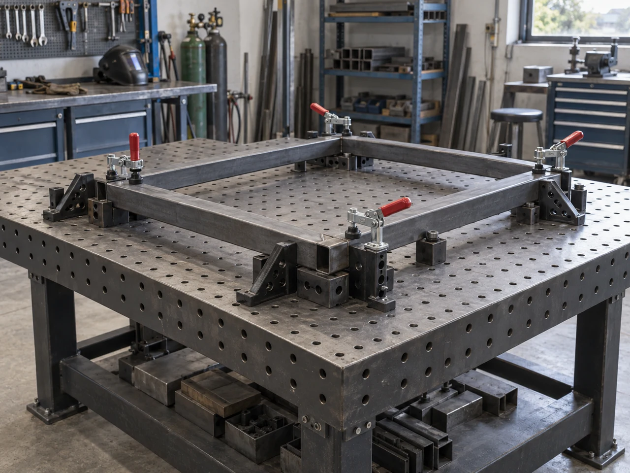 Steel-frame fit-up held on a modular welding table