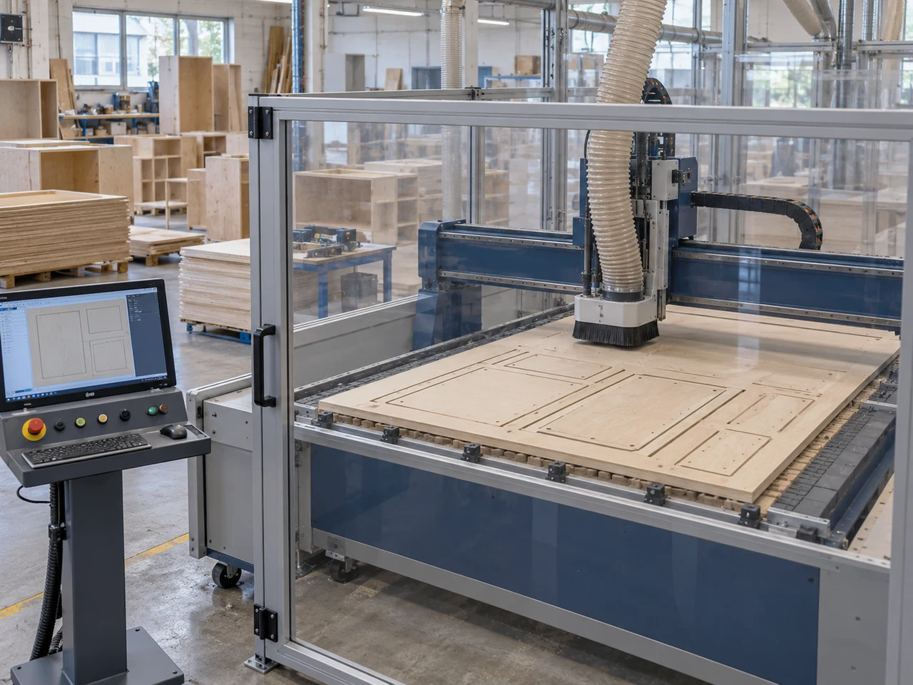 Guarded CNC router machining plywood panels in a joinery workshop